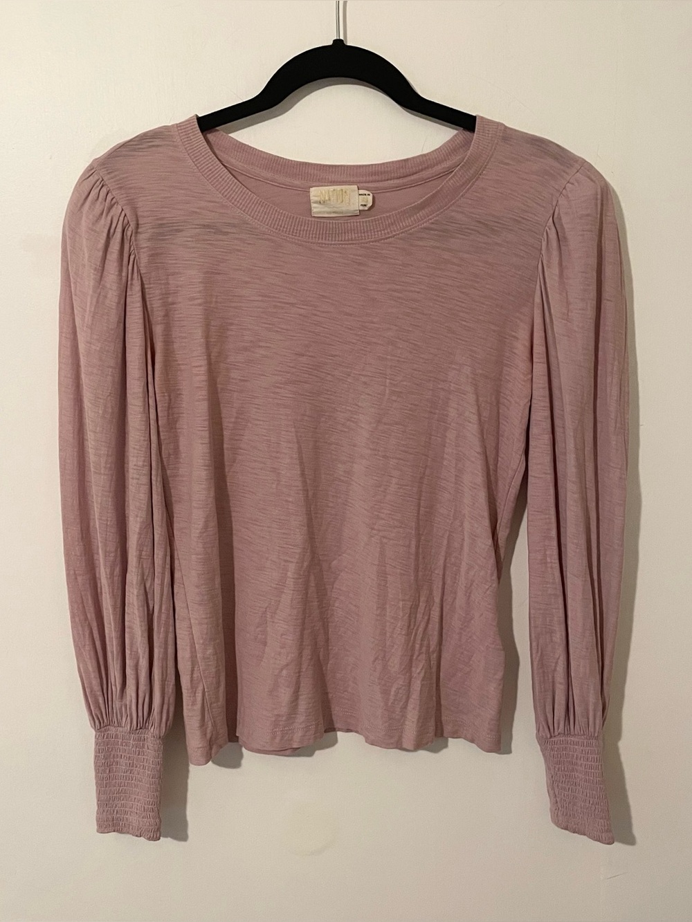 Nation LTD Pink Long Sleeve Shirt 100% Pima Cotton Smocked Cuffs Size XS